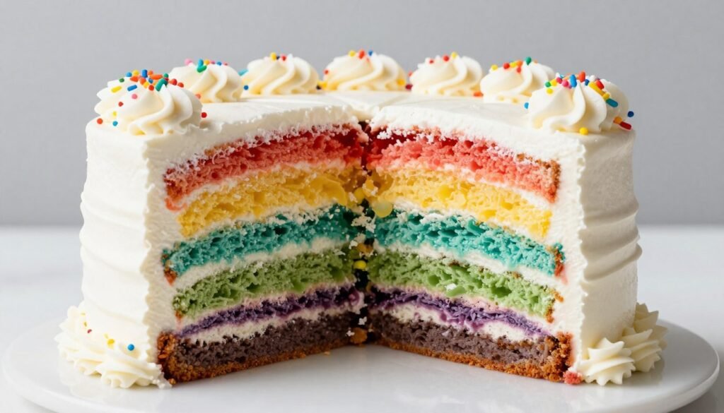 rainbow layer sheet cake showing colorful interior layers rainbow layer sheet cake showing colorful interior layers