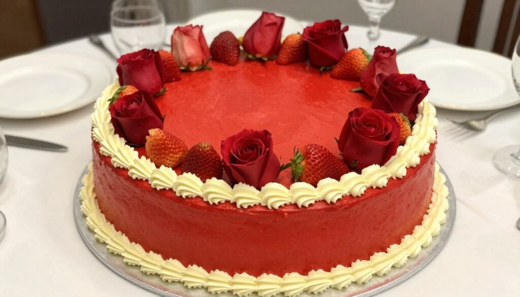 red birthday cake with rose and strawberry decorations red birthday cake with rose and strawberry decorations