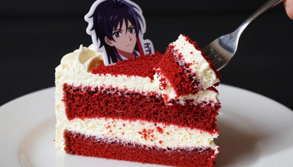 red velvet anime birthday cake slice showing red interior cream cheese frosting red velvet anime birthday cake slice showing red interior cream cheese frosting