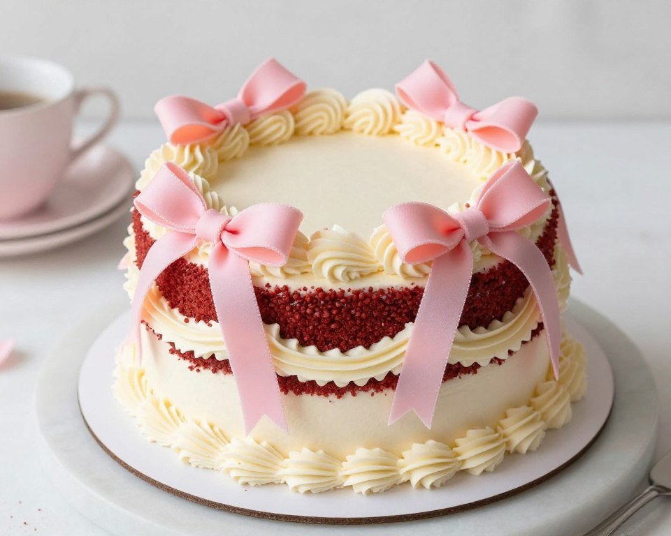 red velvet cake in coquette pink aesthetic