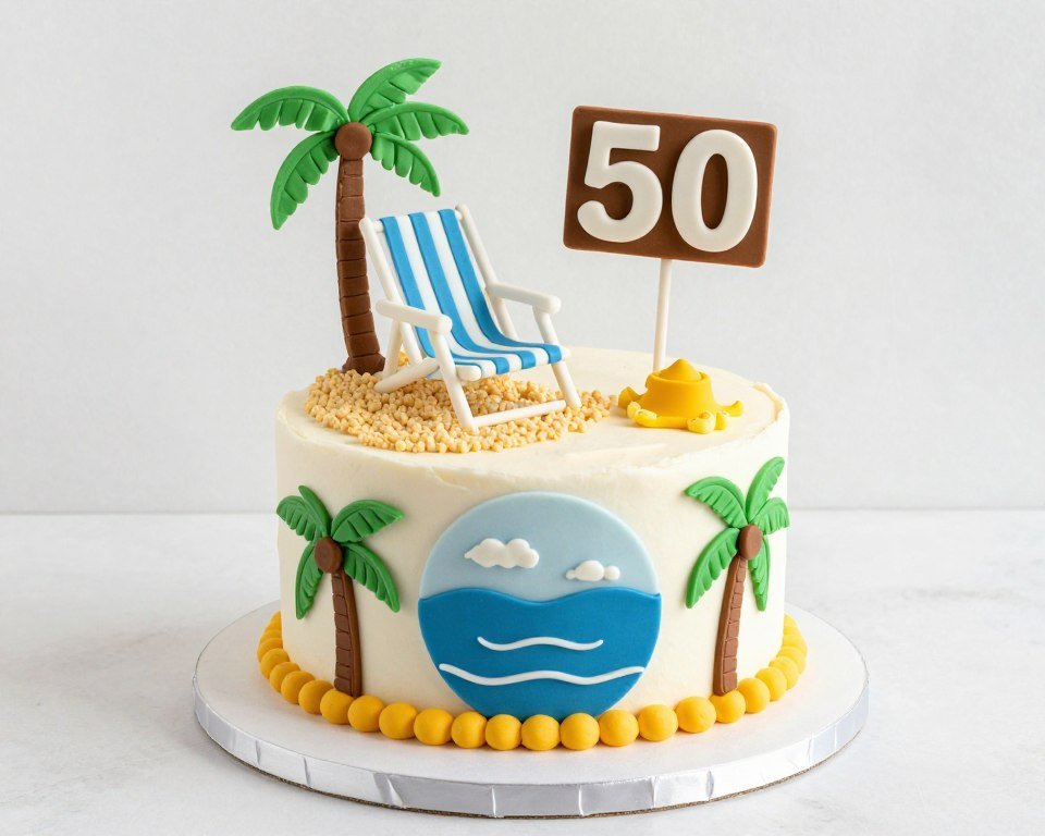 retirement themed 50th birthday cake with beach scene