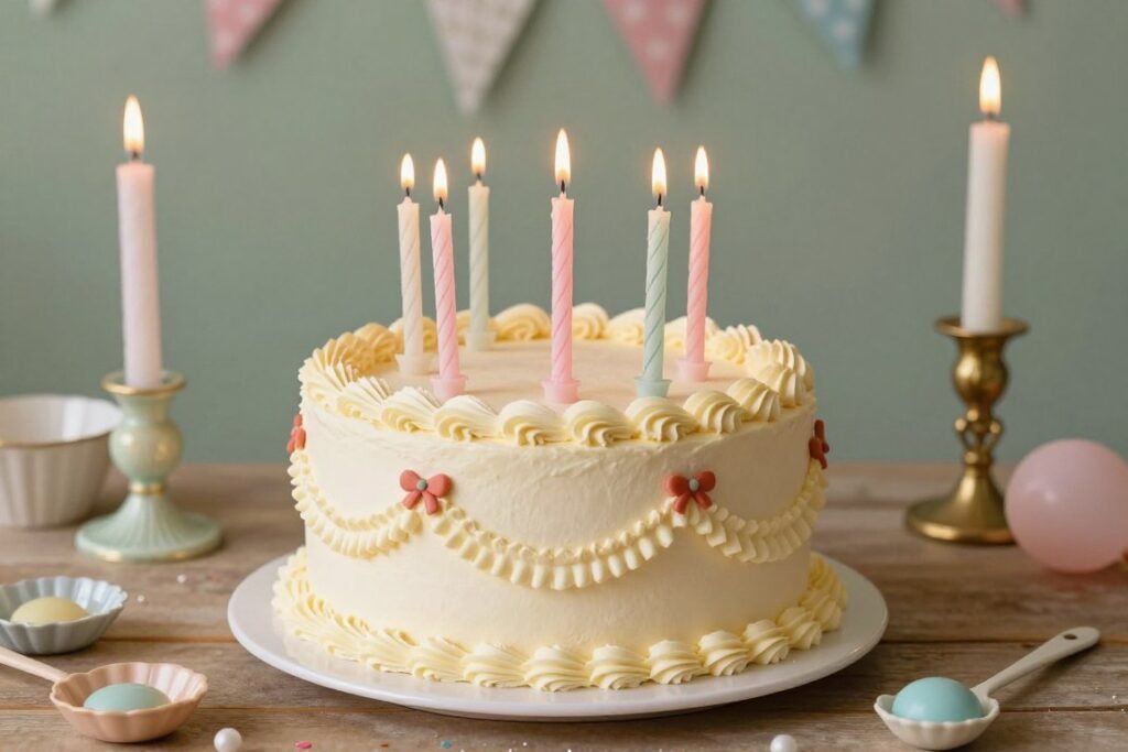 retro cake with vintage candles and decorations