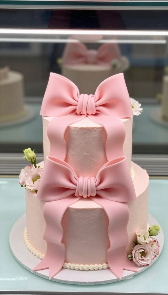rose pink cake with bow topper