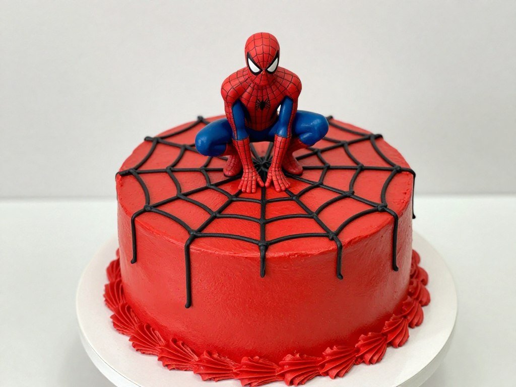round spiderman cake with red frosting and black spider web pattern round spiderman cake with red frosting and black spider web pattern