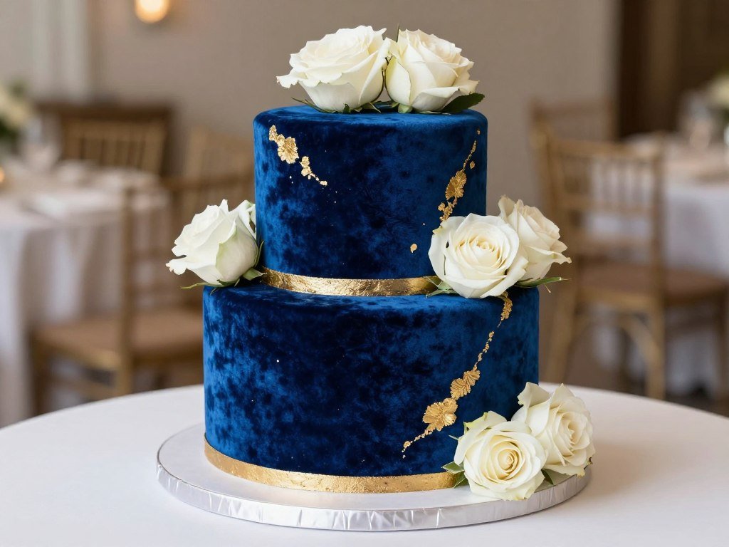 royal blue velvet cake decorated with gold and flowers royal blue velvet cake decorated with gold and flowers