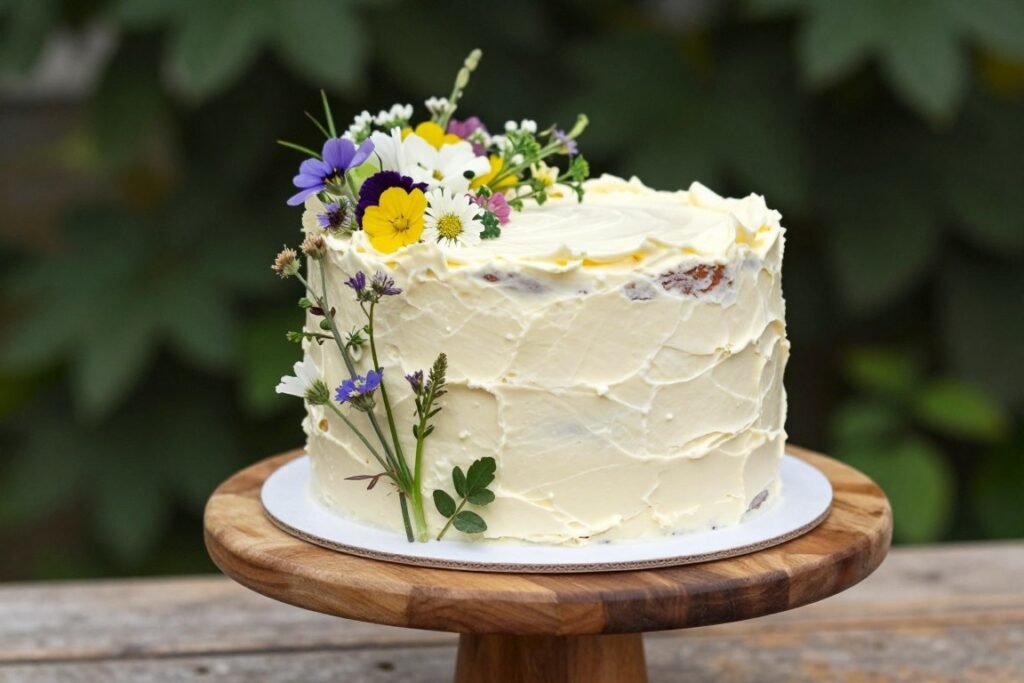 rustic buttercream birthday cake with wildflowers on wood stand