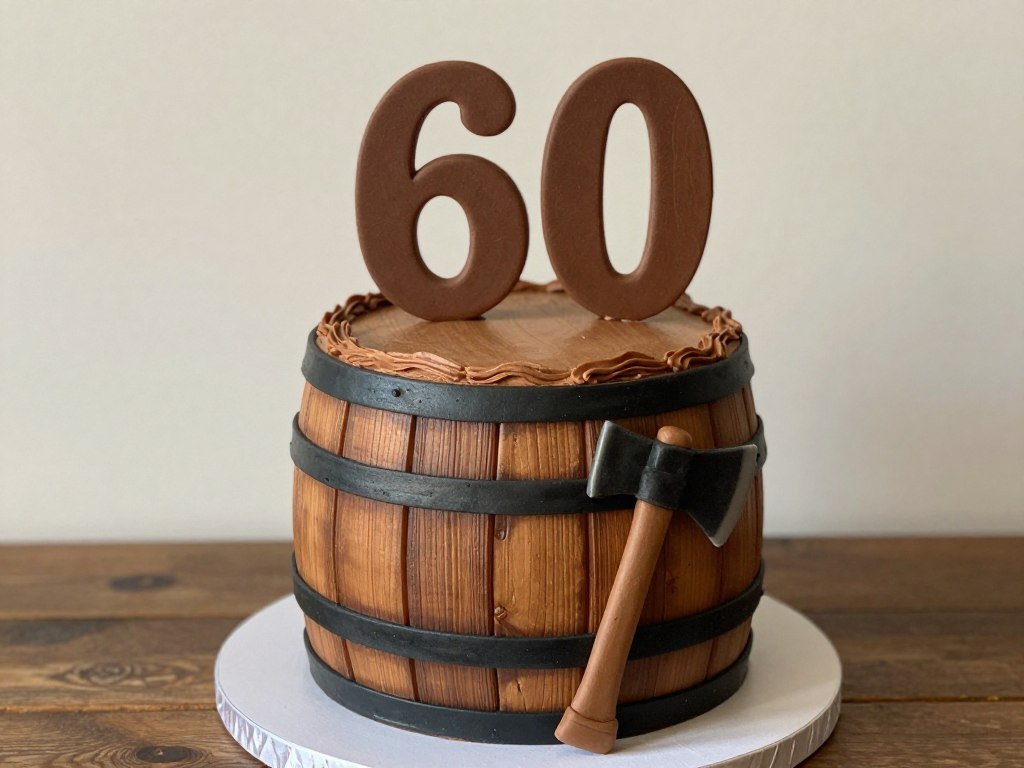 rustic masculine birthday cake with wood grain texture and whiskey theme