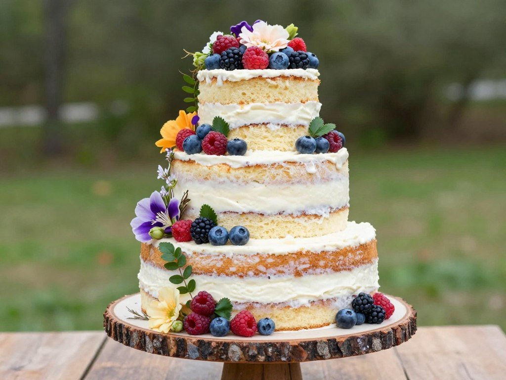 rustic naked cake with fresh berries and flowers