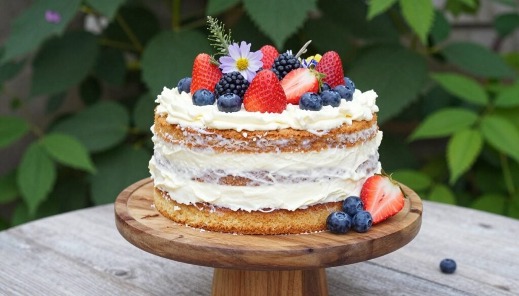 rustic semi-naked 50th birthday cake with fresh berries and flowers