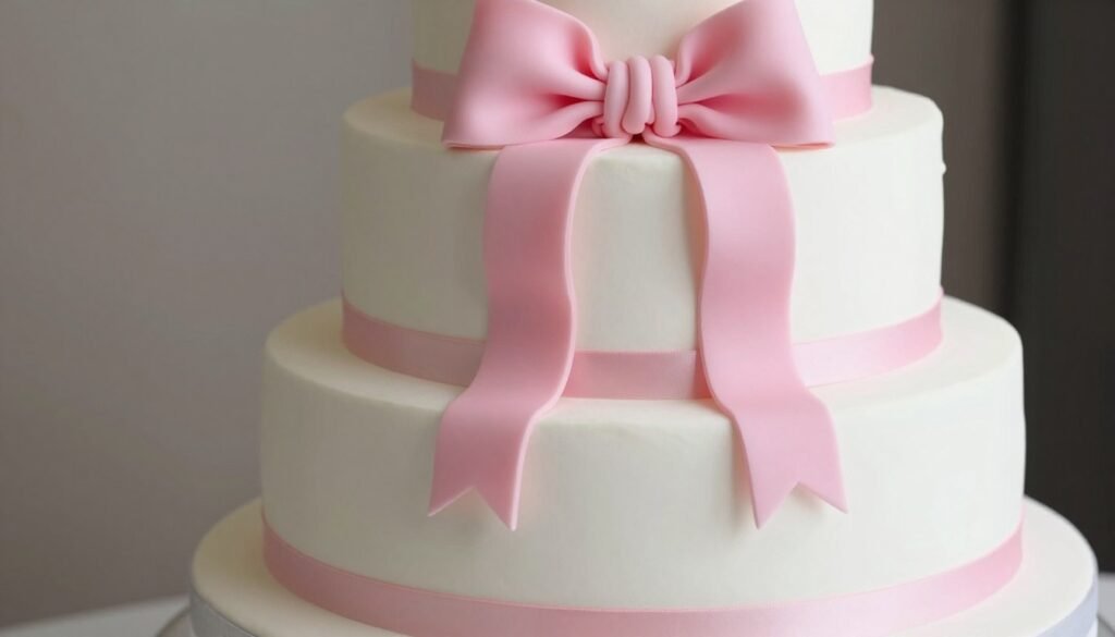 satin ribbon wrapped around cake tiers