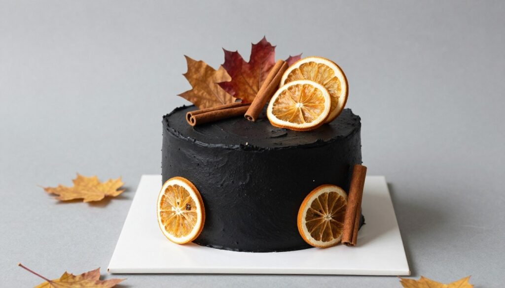 seasonal black cake with autumn elements seasonal black cake with autumn elements