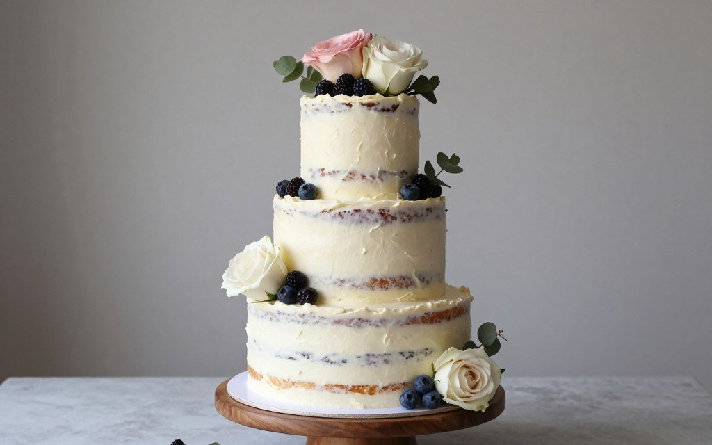 semi-naked birthday cake with fresh flowers rustic elegant