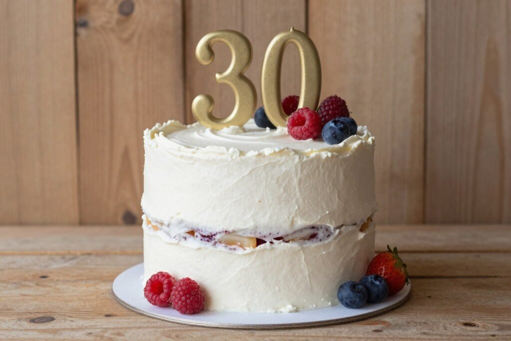 semi-naked cake with berries and rustic styling for birthday