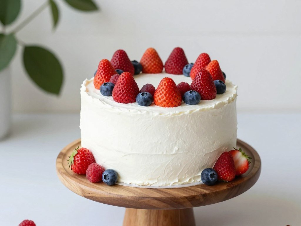 simple birthday cake decorated with fresh berries and fruit