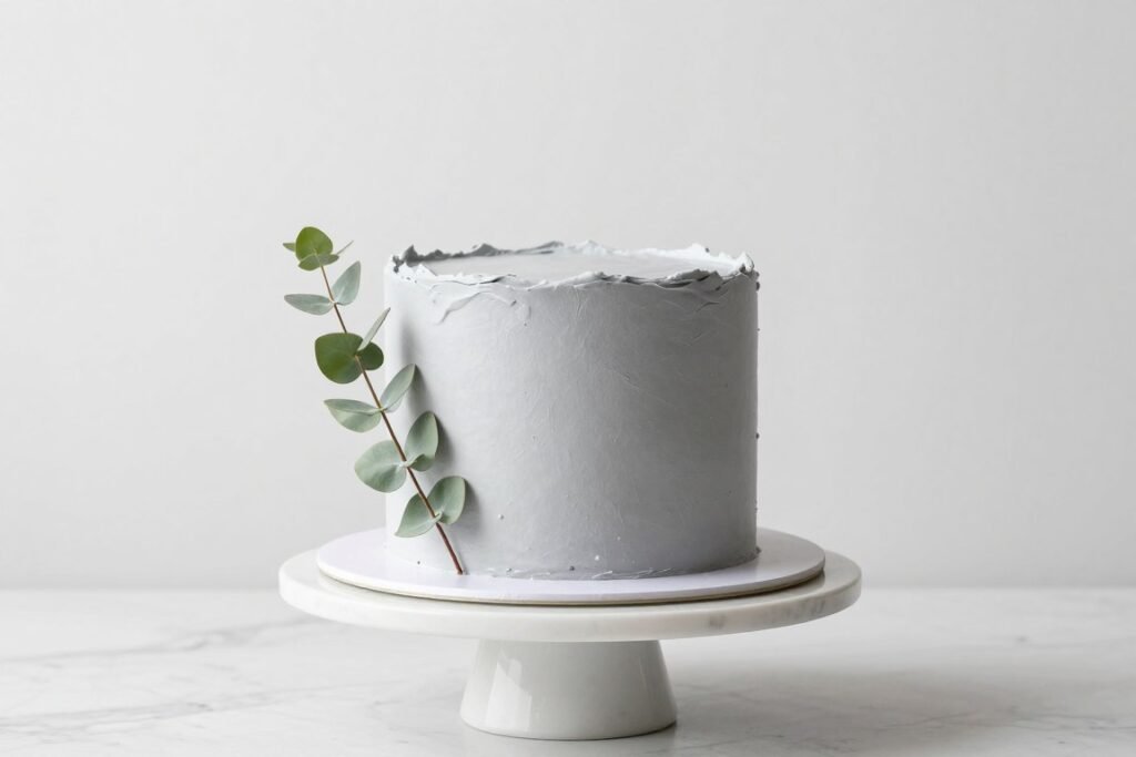 simple gray buttercream birthday cake with fresh greenery accent