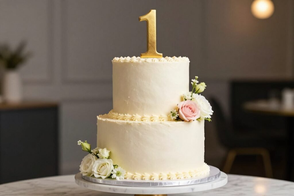 simple two tier first birthday cake with elegant design