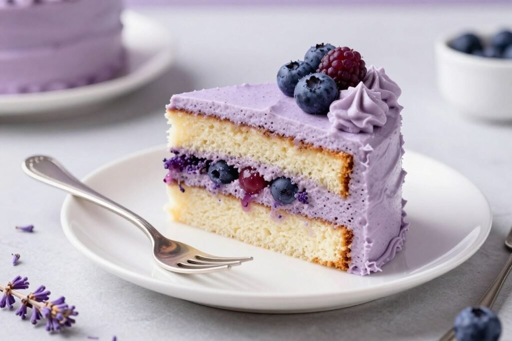 slice of purple coquette cake showing interior layers and flavor slice of purple coquette cake showing interior layers and flavor