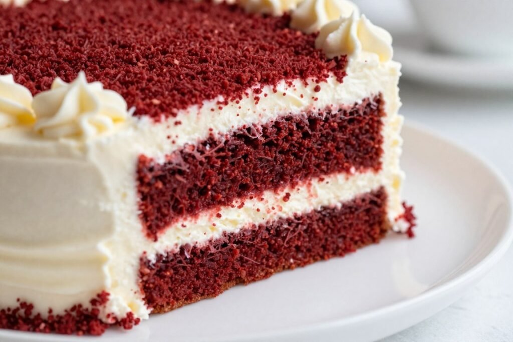 slice of red velvet cake showing layers