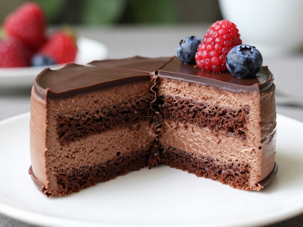 sliced chocolate mousse cake showing layers