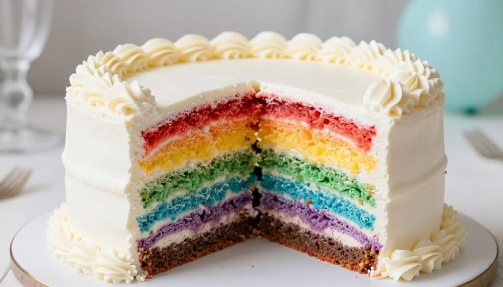 sliced rainbow birthday cake showing colorful layers inside