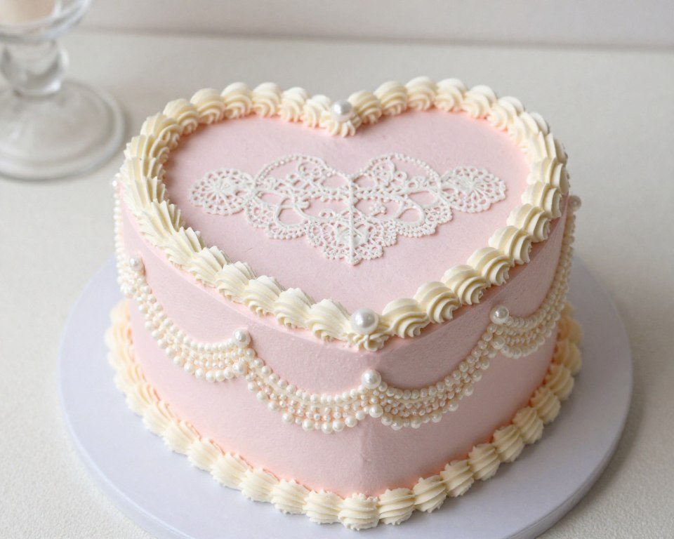 soft pink heart shaped cake with vintage decorations