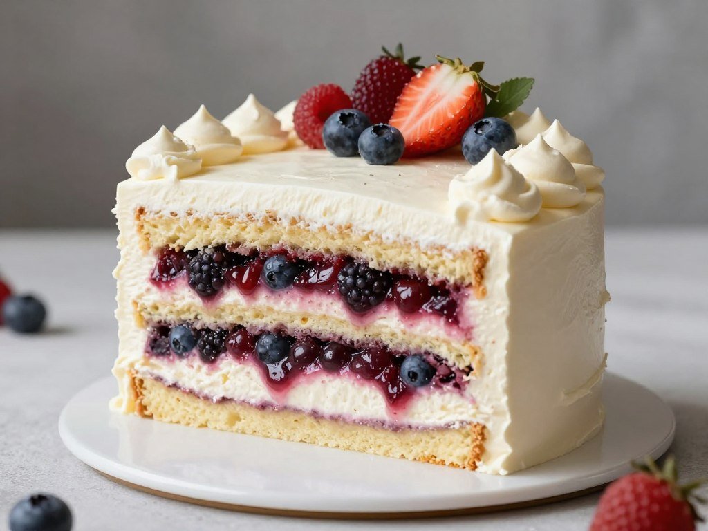 specialty flavor birthday cake with fruit fillings and cream layers