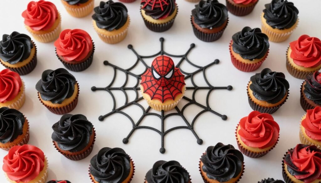 spiderman cupcake cake arranged in spider web pattern spiderman cupcake cake arranged in spider web pattern
