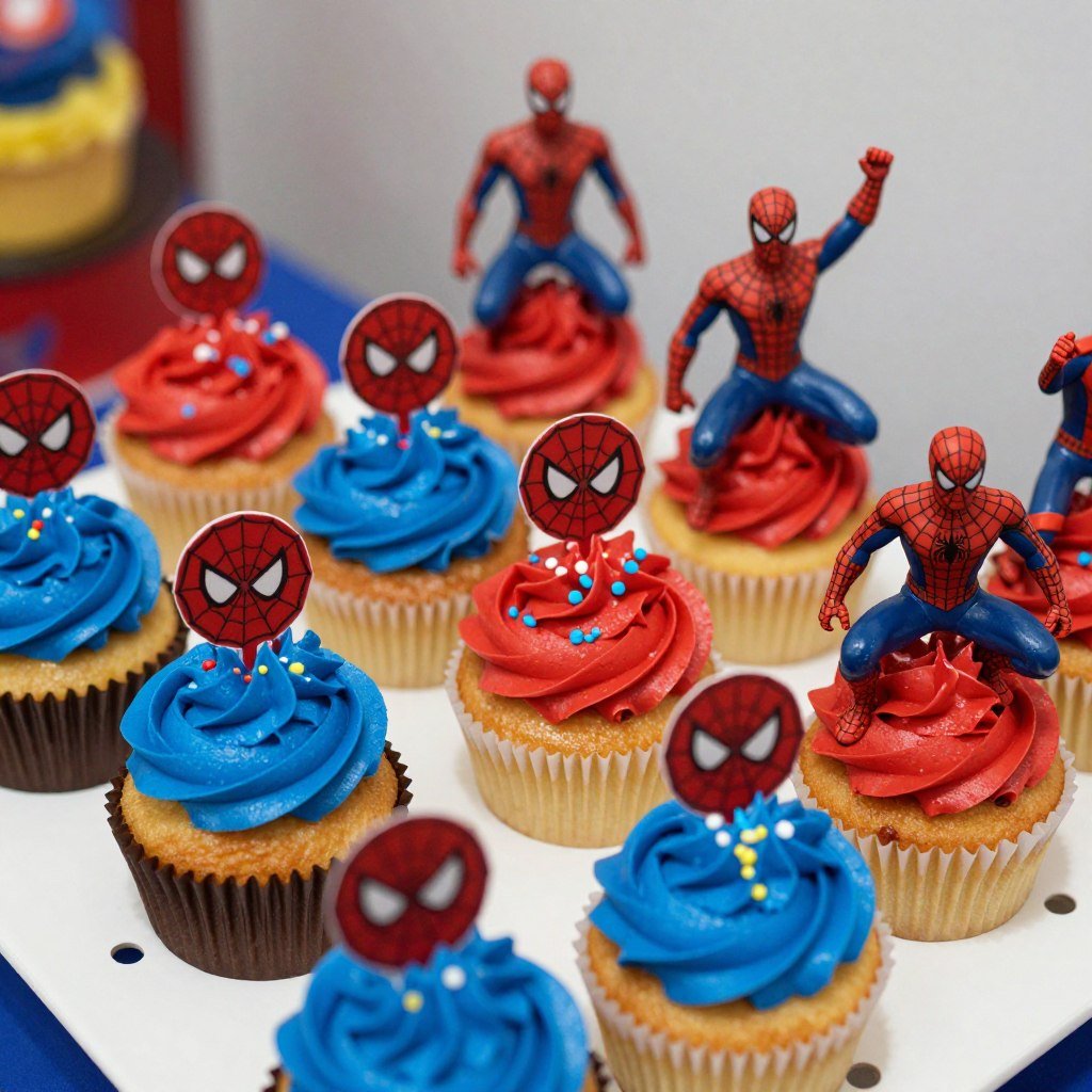 spiderman cupcakes with action figure toppers and red blue frosting spiderman cupcakes with action figure toppers and red blue frosting