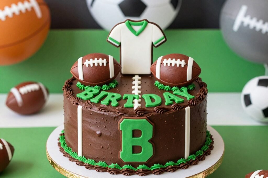 sports-themed chocolate birthday cake with team colors