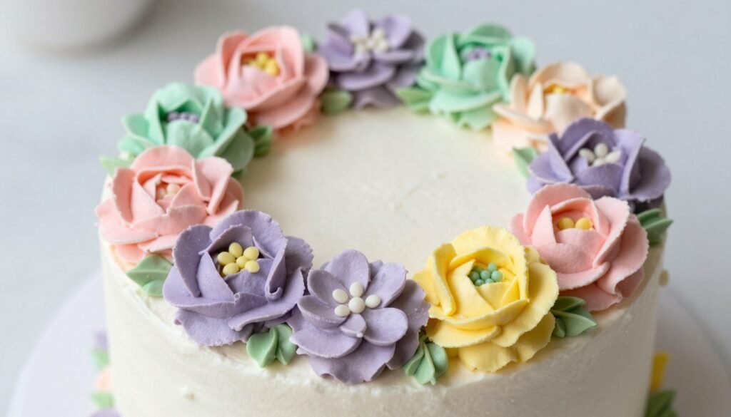spring birthday cake with colorful buttercream flowers in pastel shades spring birthday cake with colorful buttercream flowers in pastel shades