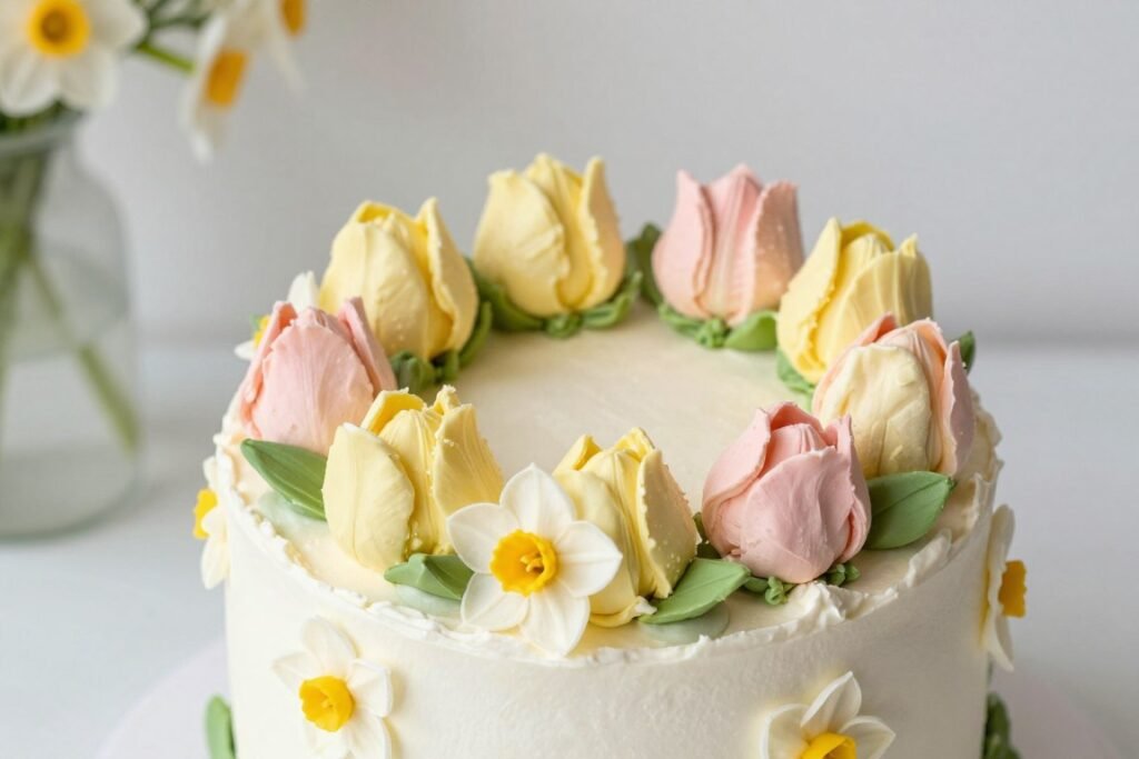 spring birthday cake with tulip and daffodil decorations spring birthday cake with tulip and daffodil decorations
