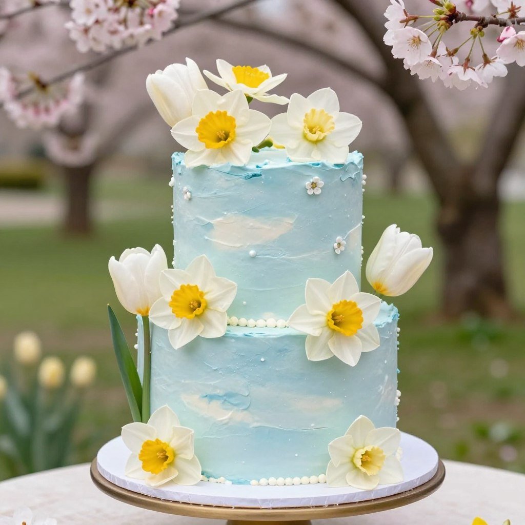 spring blue cake with fresh flowers garden theme spring blue cake with fresh flowers garden theme