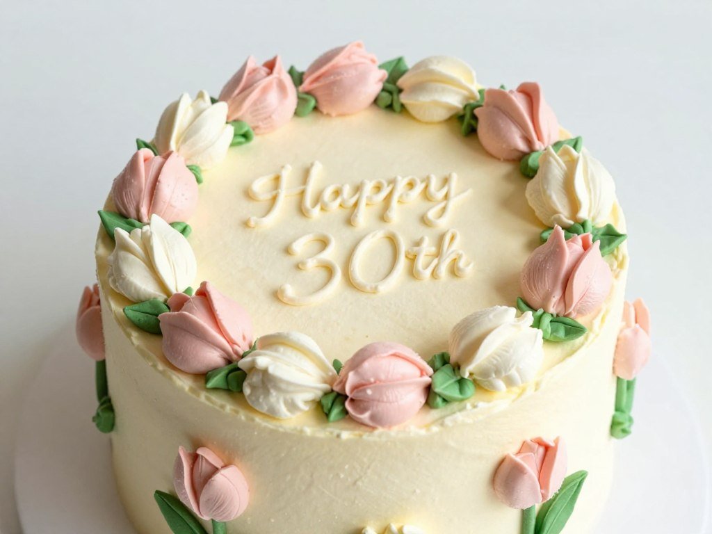 spring-inspired 30th birthday cake with buttercream tulips and soft colors