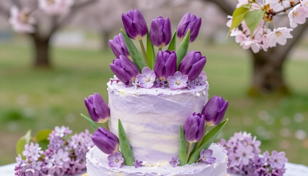 spring purple birthday cake with flowers