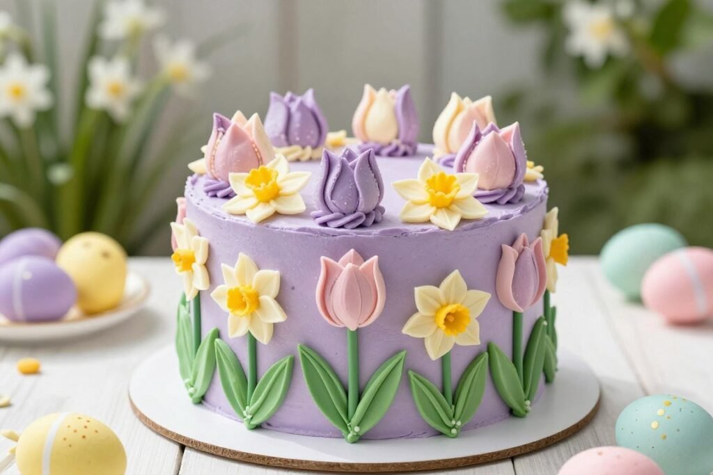 spring purple birthday cake with flowers aesthetic
