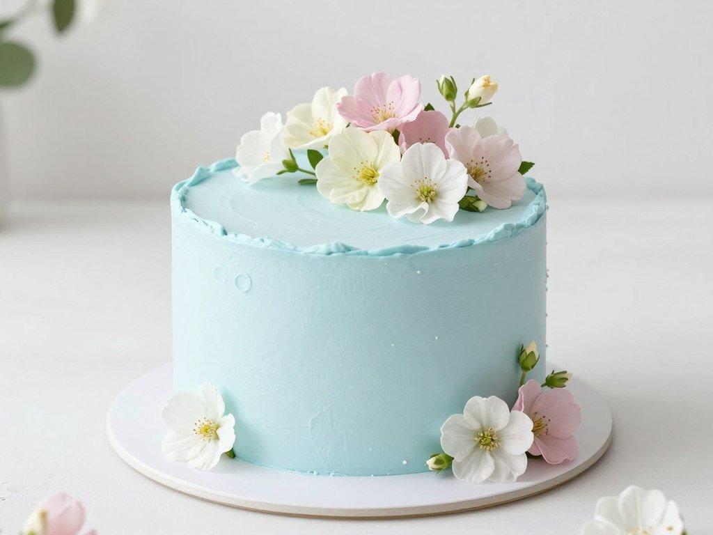 spring themed light blue korean cake with delicate flower decoration spring themed light blue korean cake with delicate flower decoration