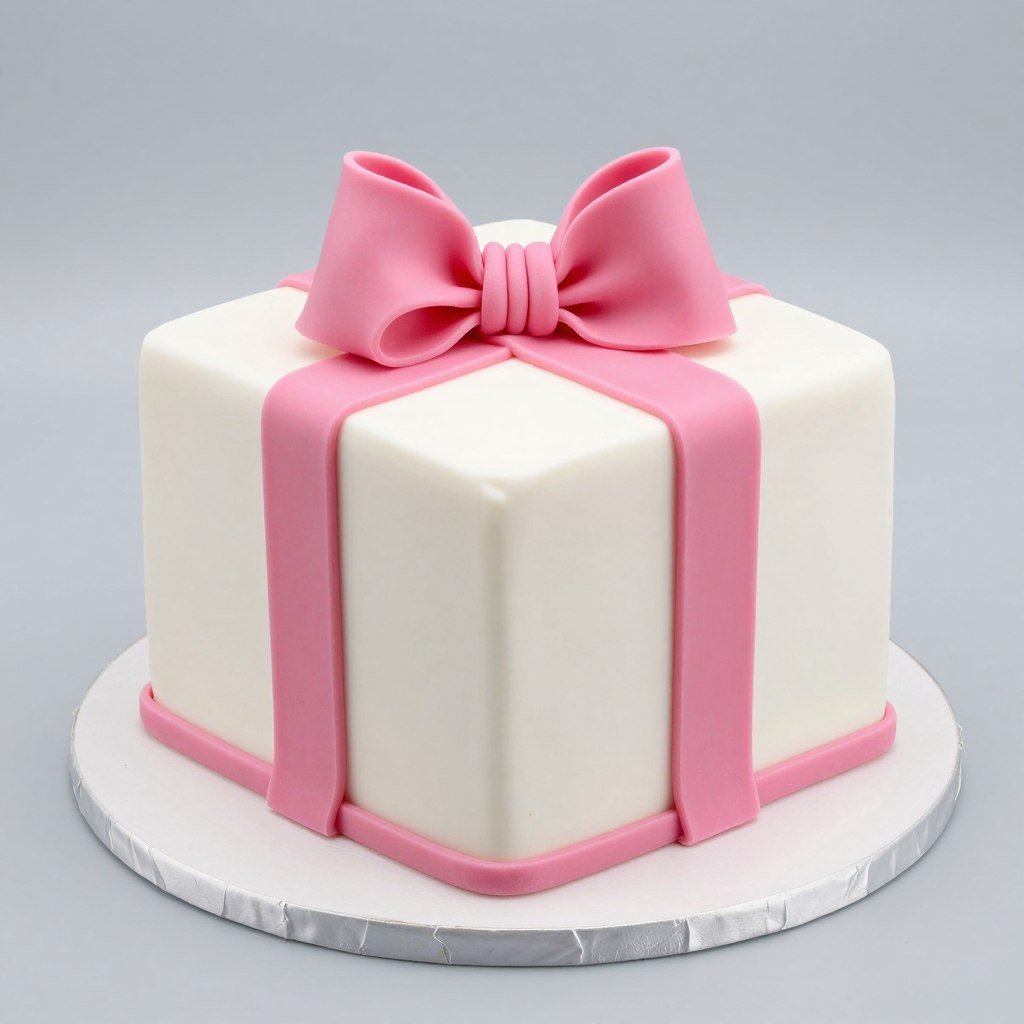 square birthday cake designed as wrapped gift with pink bow square birthday cake designed as wrapped gift with pink bow