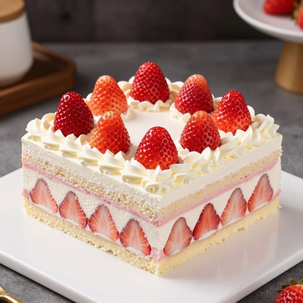 square birthday cake with strawberry cream layers visible square birthday cake with strawberry cream layers visible