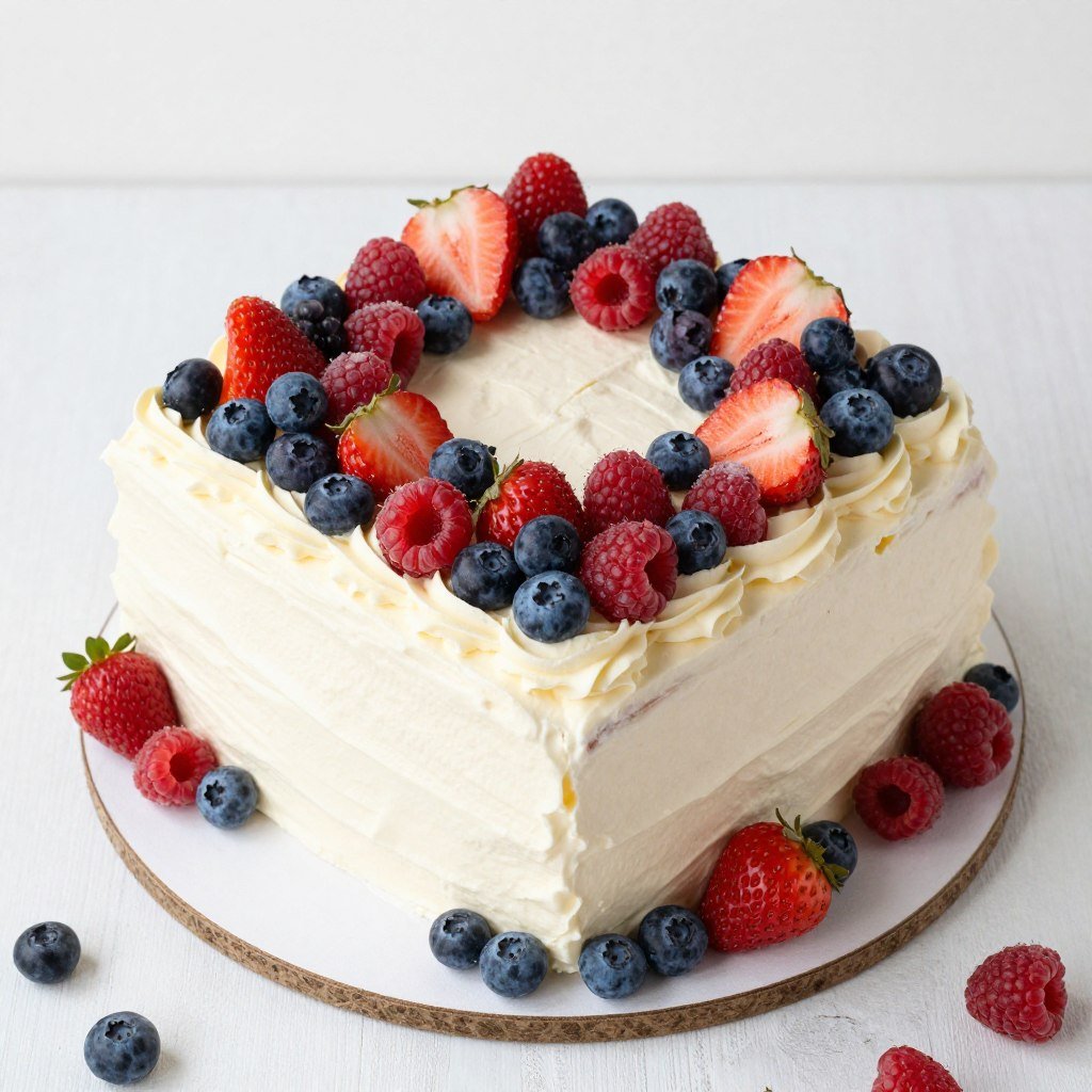 square cake with mixed berry decoration and cream square cake with mixed berry decoration and cream