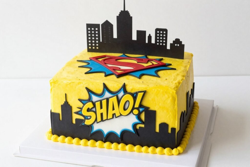 square cake with superhero theme and comic book design square cake with superhero theme and comic book design