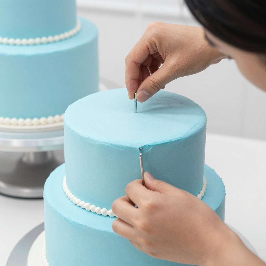 stacking tiered blue cake with dowels support stacking tiered blue cake with dowels support
