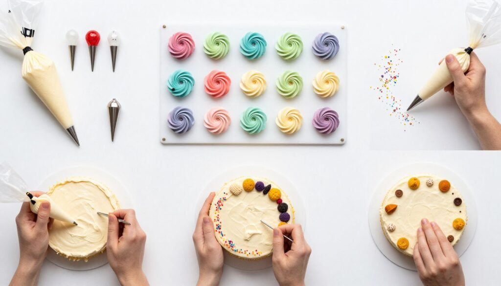 step-by-step buttercream cake decorating technique demonstration