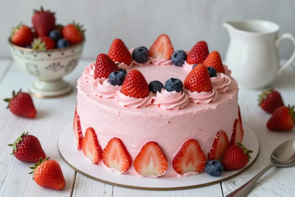 strawberry flavored coquette pink cake with fresh berries