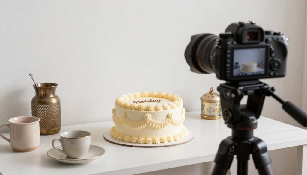 styled vintage birthday cake photography setup