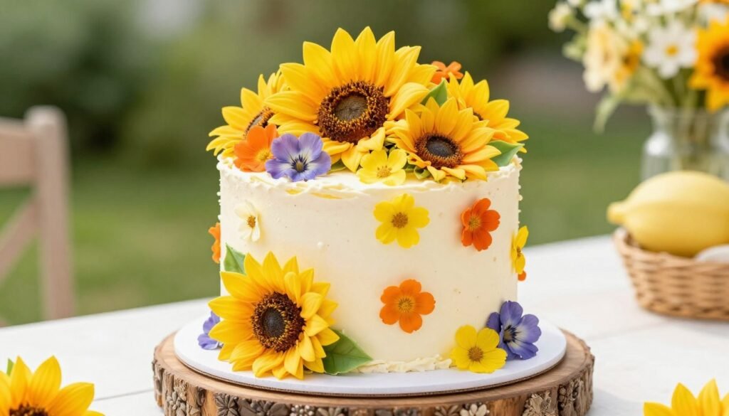 summer birthday cake with sunflowers and wildflowers summer birthday cake with sunflowers and wildflowers