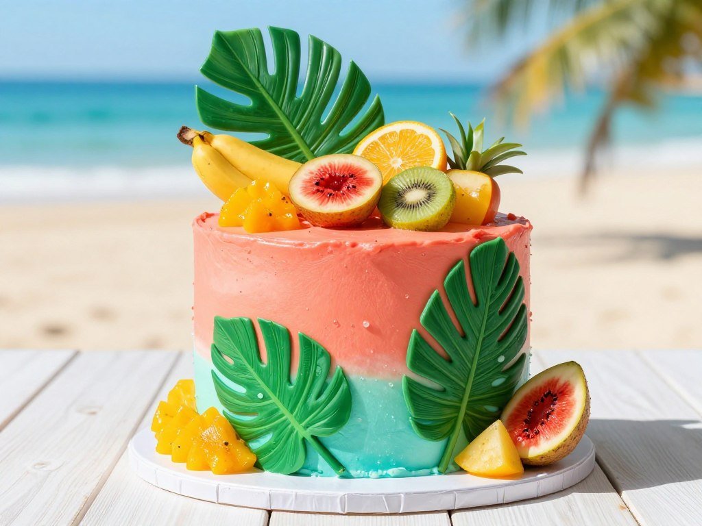 summer tropical birthday cake with palm leaves and bright colors