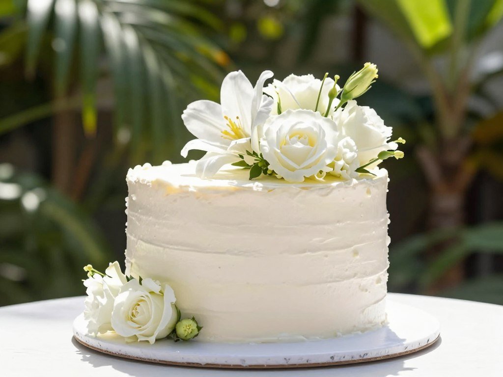 summer white birthday cake with fresh flowers outdoor setting summer white birthday cake with fresh flowers outdoor setting