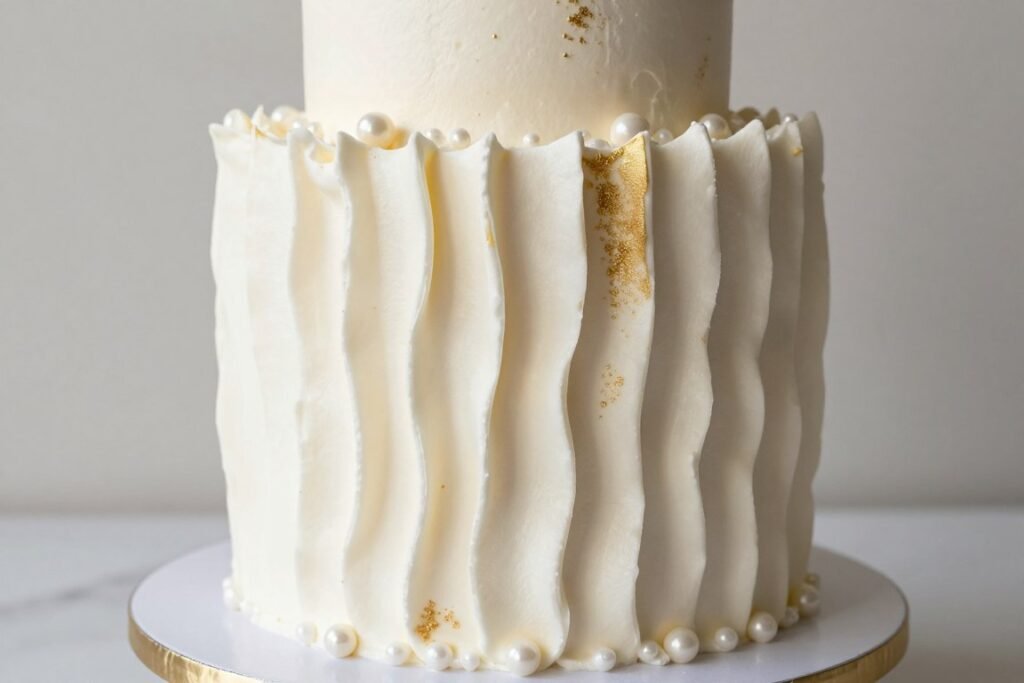 textured buttercream cake with ruffles and pearls for elegant celebration