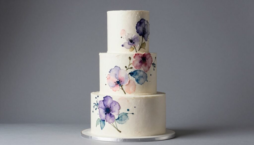 three-tier birthday cake with watercolor floral painting technique
