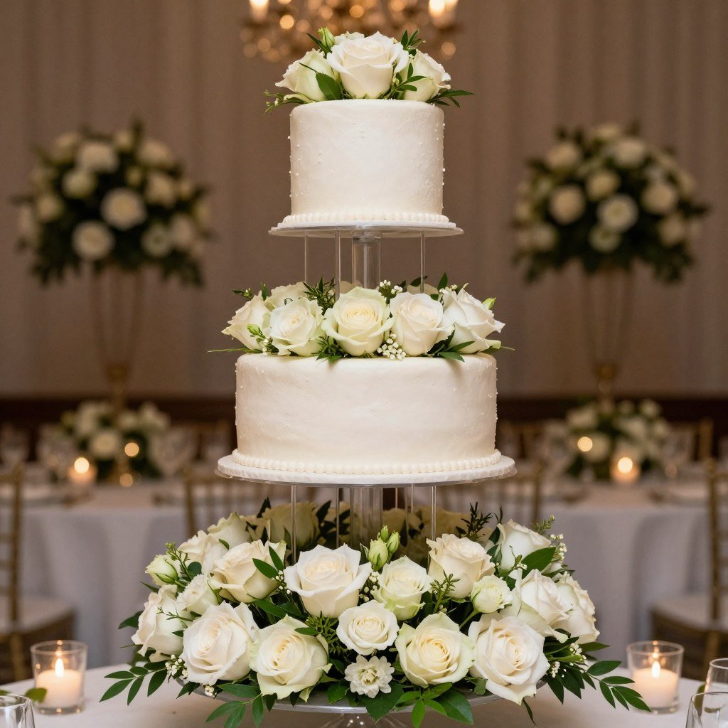 tiered 50th birthday cake with floral separators between levels